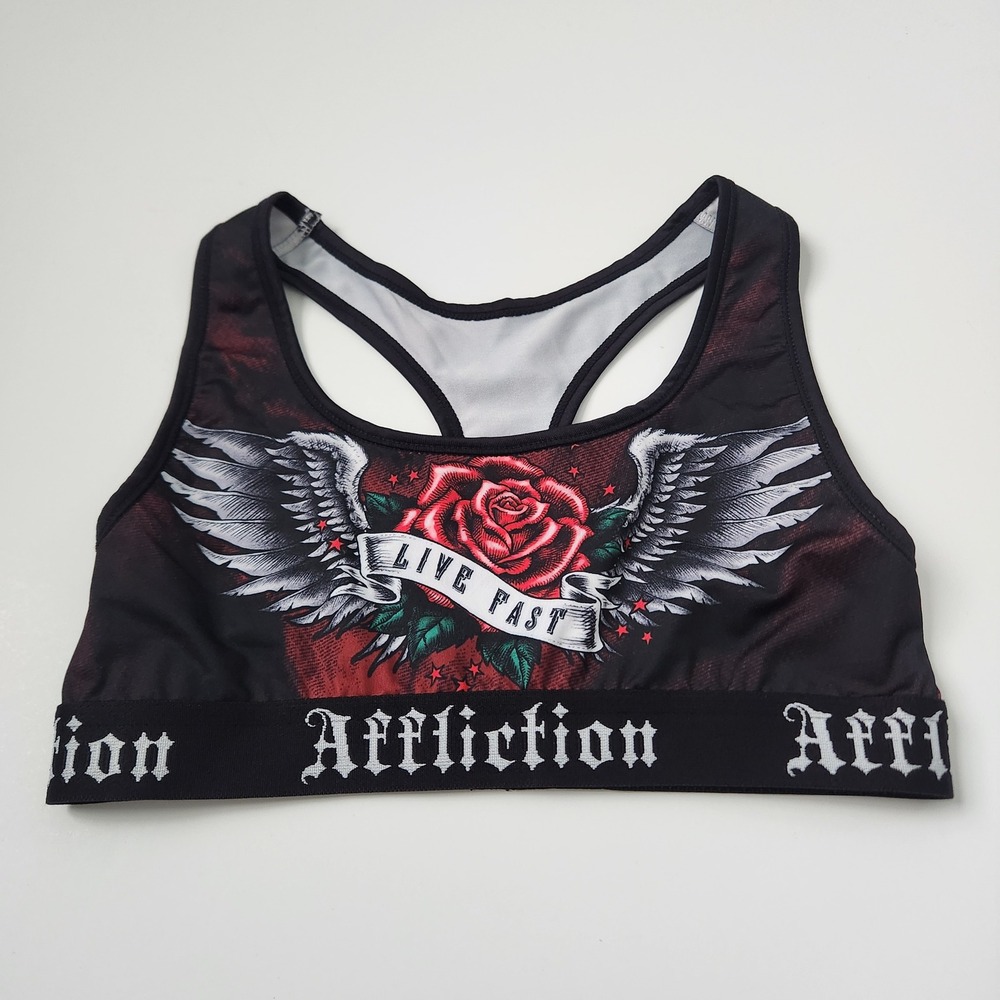 Affliction Women's Sports Bra Black Red Rose Wings Live Fast Racerback‎ XS